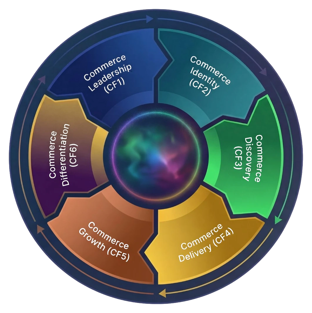 The Virtuous Commerce Fits Flywheel — six commerce domain boundaries forming a self-reinforcing cycle from CF1 Commerce Leadership through CF6 Commerce Differentiation.
